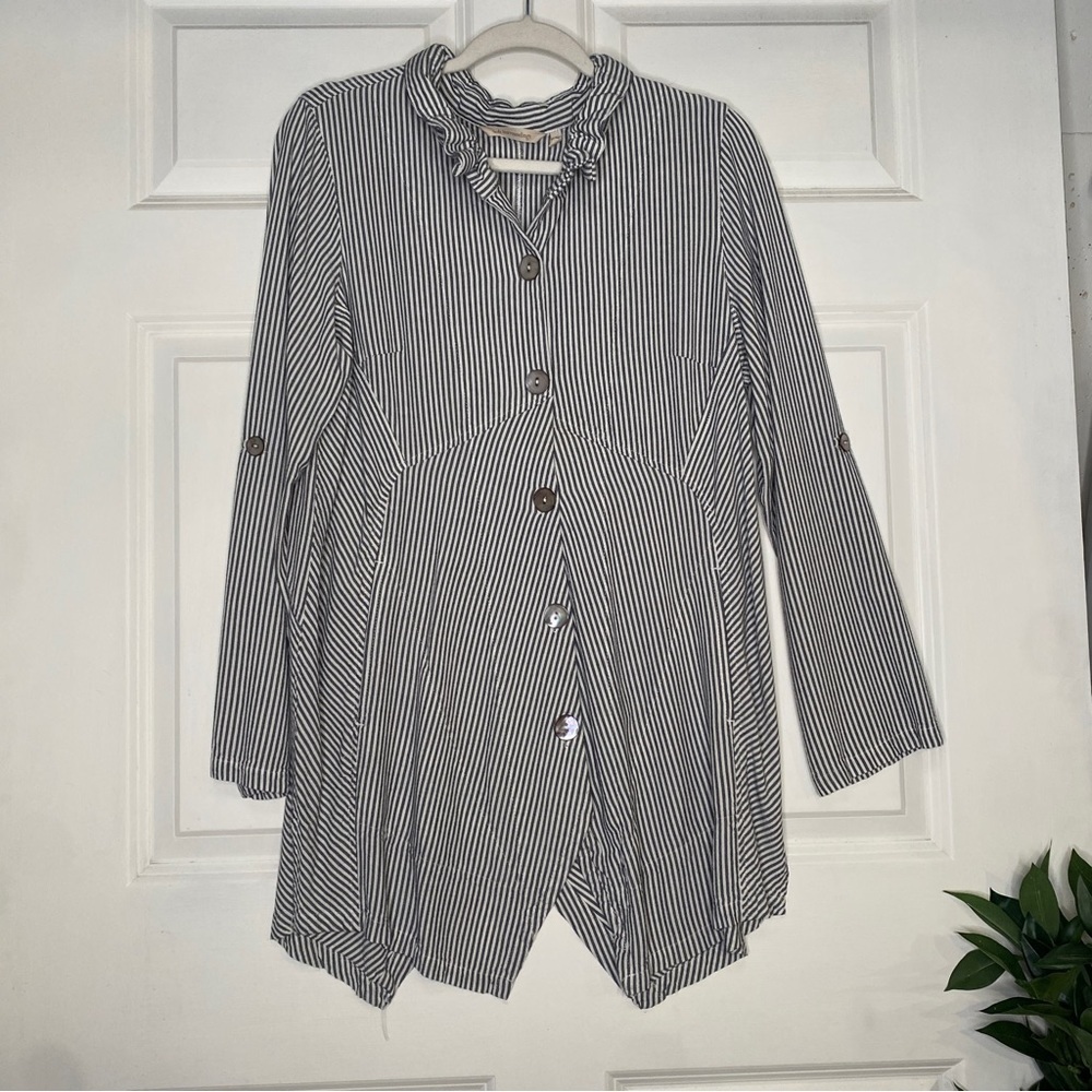 Soft Surroundings Gray White Stripe Sasha Button Front Shirt Tunic Size Large